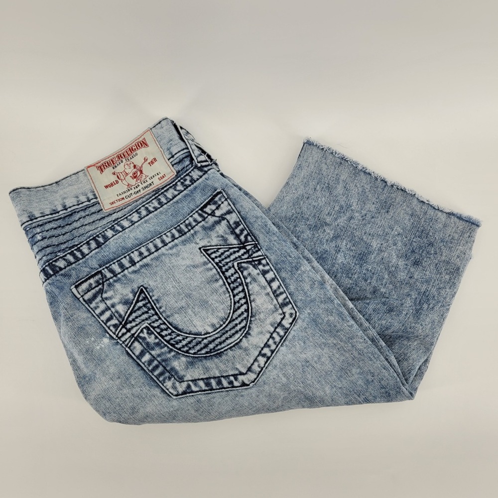 True Religion Cut-Off Shorts Mens 34 Blue Acid Wash Denim Raw Hem Y2K Streetwear